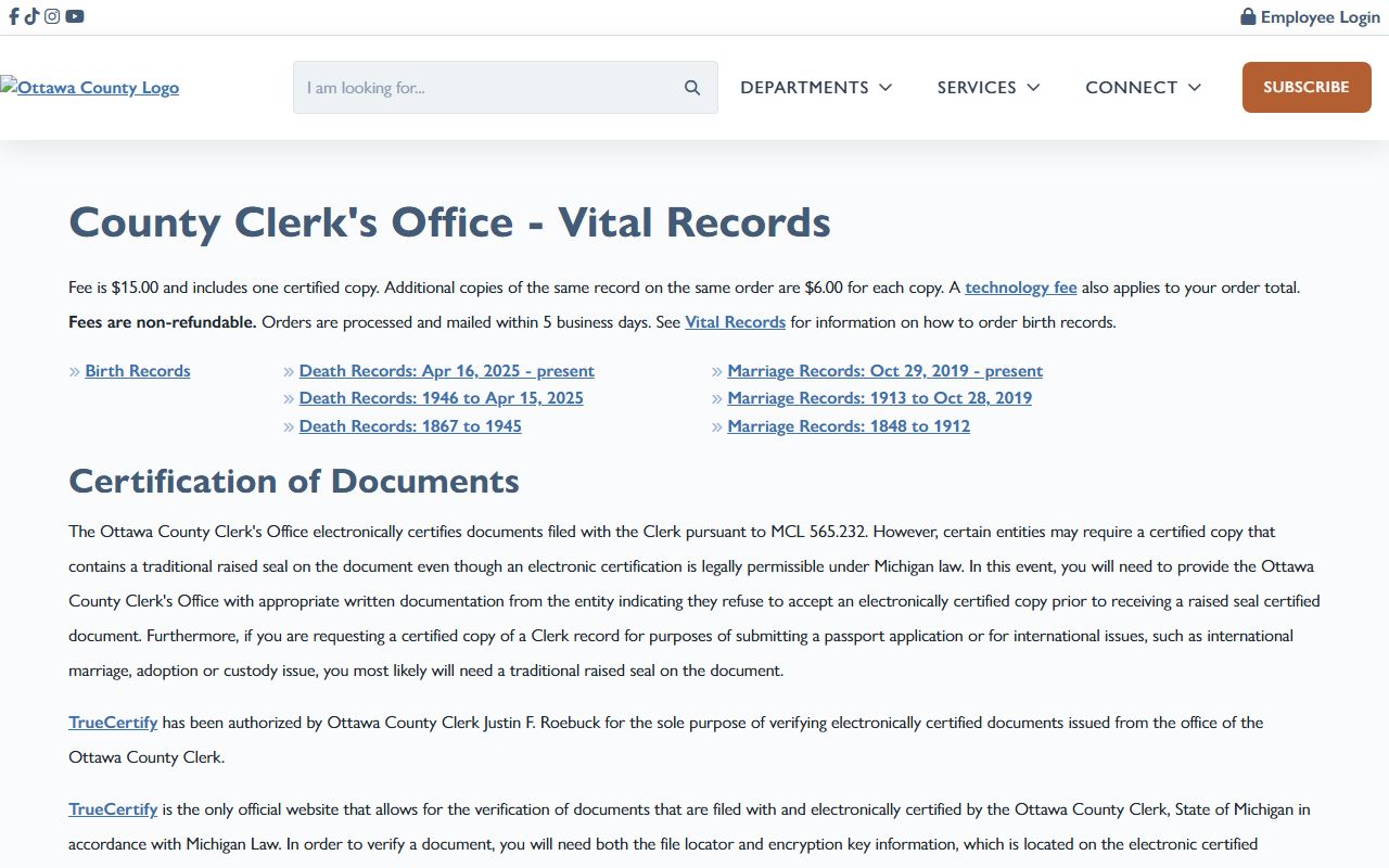 Ottawa County marriage records vital records ordering portal